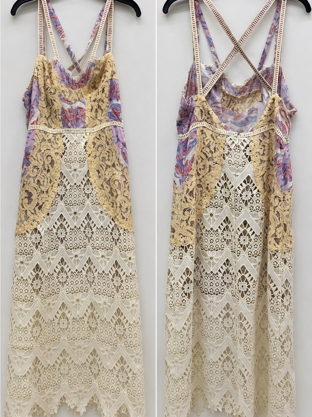 Free People Cream Lace Midi Dress with Yellow Lace and Lavender Paisley Straps